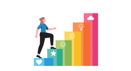 Fototapeta premium A woman confidently ascends colorful steps representing stages of growth, symbolizing progress, achievement, and personal development in a minimalist vector illustration.