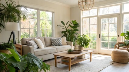 Inviting Living Room with Natural Light, Indoor Plants, and Comfortable Seating Arrangement