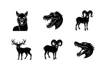 Silhouettes: Llama, Alligator, Ram, & Deer Vector Art Collection