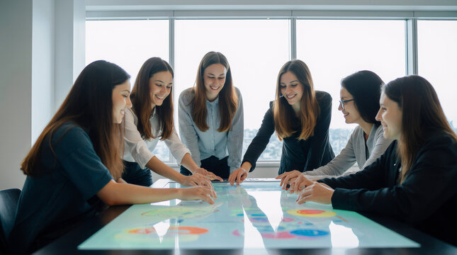 A diverse group of university students collaborates around a large, interactive smart table in a futuristic classroom