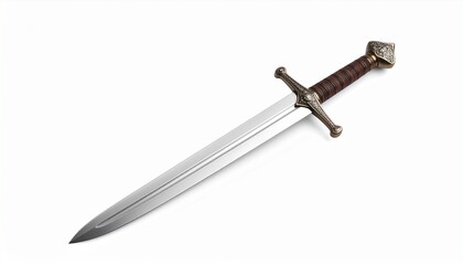 Antique metal sword with sharp blade and wooden handle, isolated on a white background