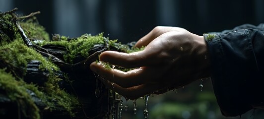 Close-up shot of a human hand gently touching a moss-covered tree trunk, generative AI