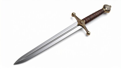 Antique metal sword with sharp blade isolated on white background