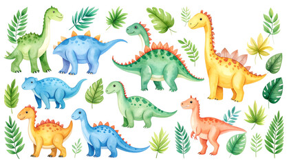 Cute and fun seamless vector pattern with cartoon dinosaur, giraffe, and elephant illustrations