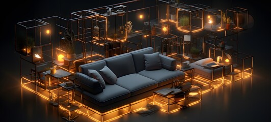 Isometric view of a modular sofa, all modules spread far apart in a clean grid, generative AI