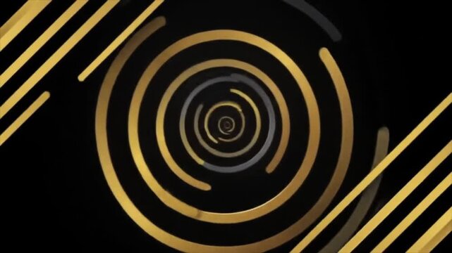 4K seamless loop of a dark abstract luxury background featuring concentric radio wave circles and diagonal golden lines on a black-grey gradient. 3D round rings add depth to this premium, minimal desi