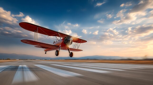 A vintage biplane is taking off from an airstrip with a clear sky and beautiful clouds in the background.