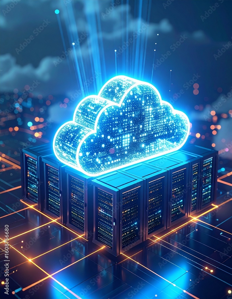 Poster futuristic cloud server with glowing data streams and modern design