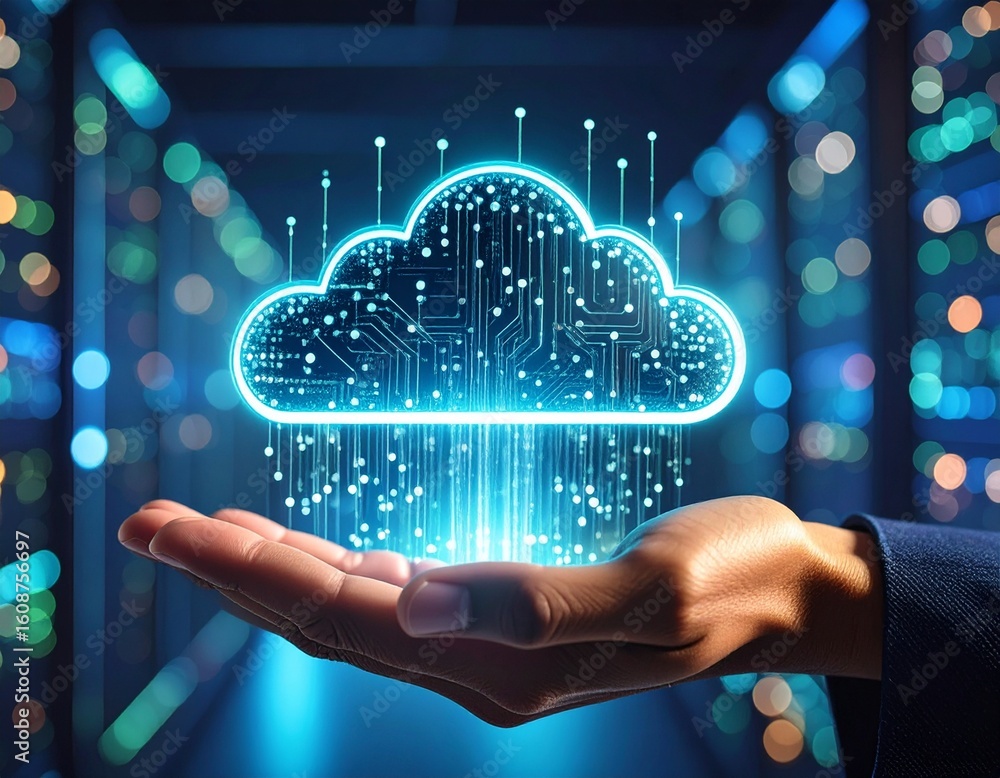Poster digital cloud technology concept with glowing data visualization effec