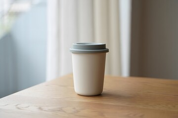Creamy white reusable cup with grey lid on wooden table travel mug coffee cup