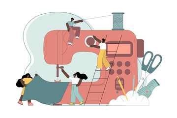 Concept needlework, handmade, hobbies. People sew with a sewing machine. Vector flat illustration