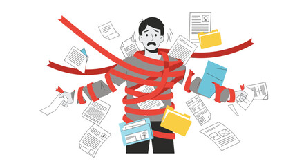 Stressed man entangled in red tape and documents, symbolizing overwhelming bureaucracy and administrative burden.