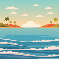 Obraz premium Tropical Paradise Illustration with Palms, Ocean, Waves, and Sunset in a Calm Sea
