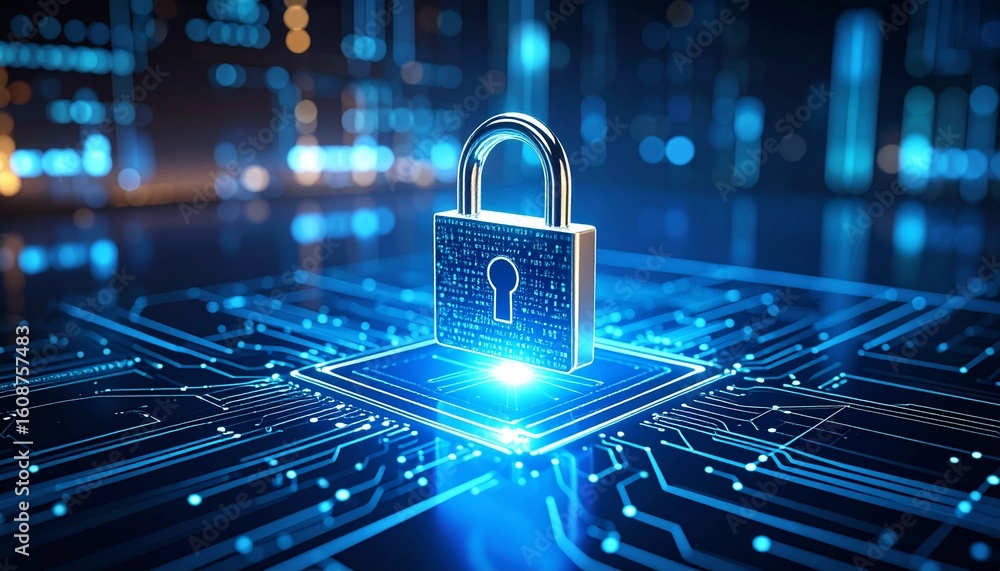 Poster digital lock symbolizing cybersecurity on a circuit board background
