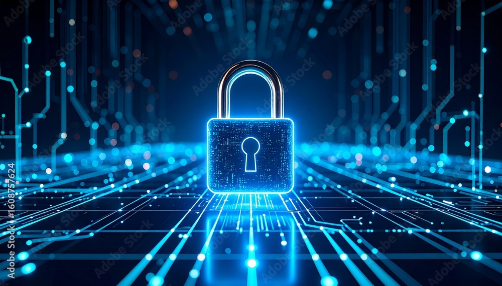 Aufkleber a glowing digital padlock on a neon circuit background with patterns
