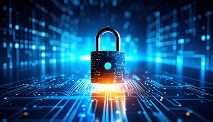 Futuristic digital padlock with glowing circuit board technology