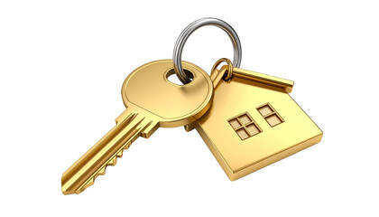 Golden metallic house key with a silver ring isolated on a white background, symbolizing home security and access