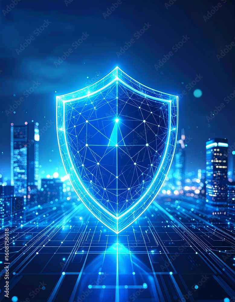 Poster futuristic digital shield icon representing advanced technology concep