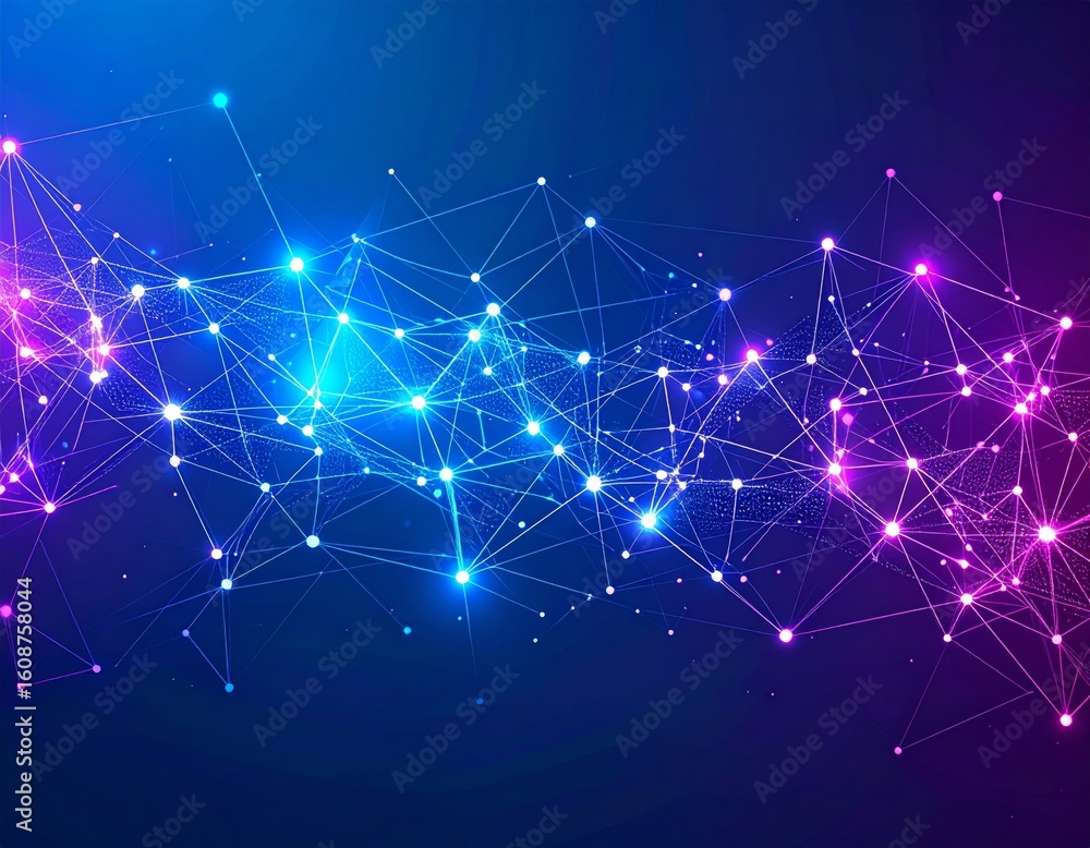 Aufkleber complex glowing network of lines and points in blue and magenta | futuristic data visualization back