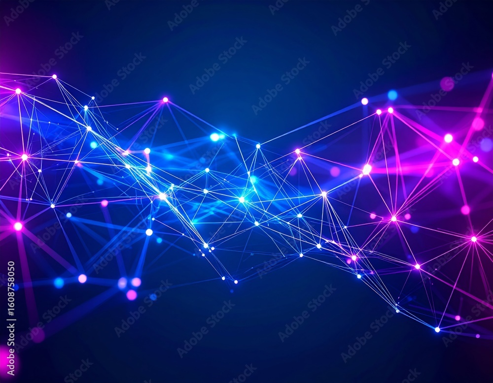 Poster complex glowing network of lines and points in blue and magenta | futuristic data visualization back