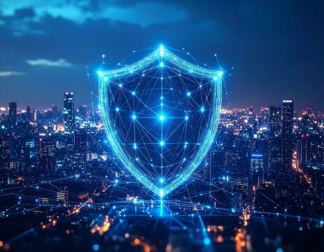 Futuristic digital shield icon above city skyline representing securit