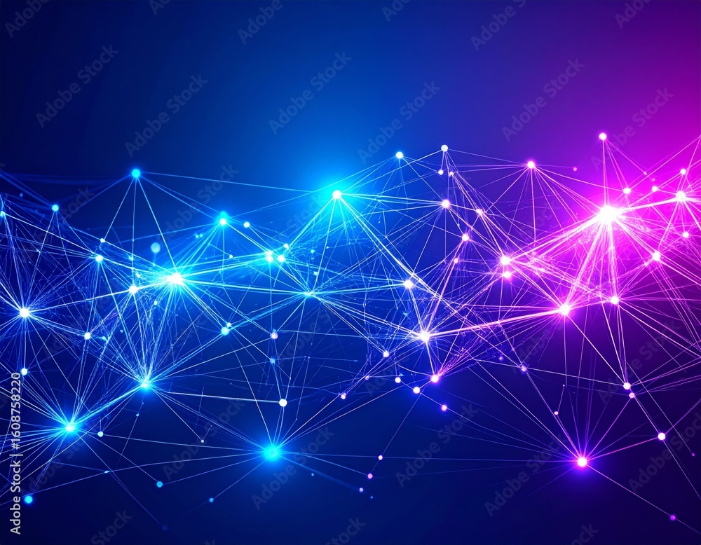Poster complex glowing network of lines and points in blue and magenta | futuristic data visualization back
