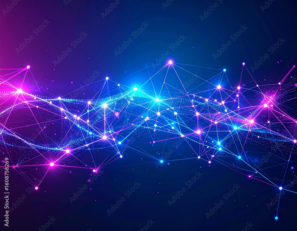 Poster complex glowing network of lines and points in blue and magenta | futuristic data visualization back
