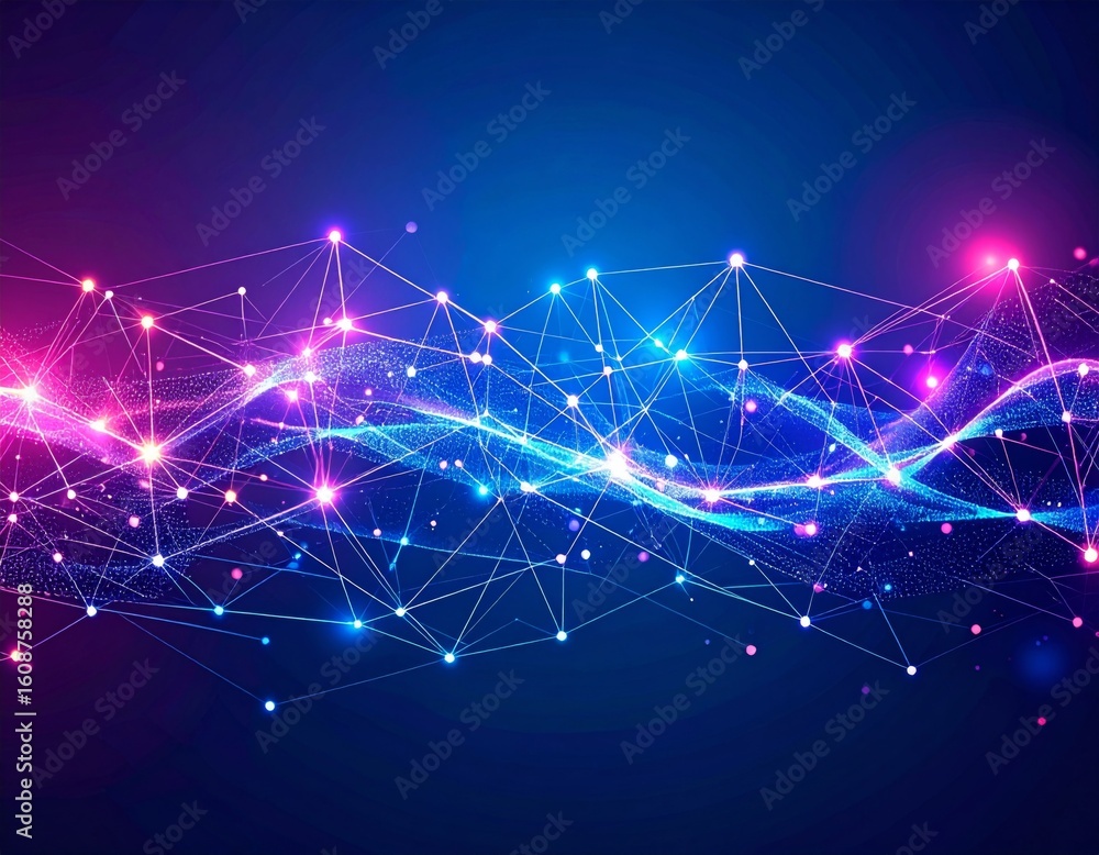 Aufkleber complex glowing network of lines and points in blue and magenta | futuristic data visualization back