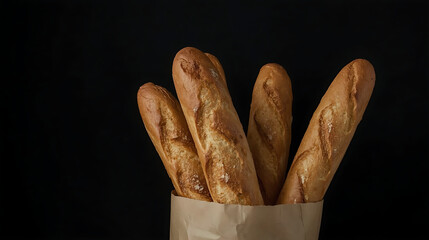 A minimalist and rustic food photography style features freshly baked French baguettes with a golden crust and visible scoring marks, partially wrapped in brown paper bag against a dark black backgrou