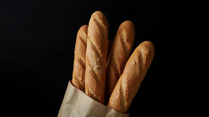 A minimalist and rustic food photography style features freshly baked French baguettes with a golden crust and visible scoring marks, partially wrapped in brown paper bag against a dark black backgrou