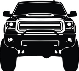 Front View Silhouette of a Lifted Pickup Truck with Brush Guard and Aggressive Tires © Pvect02