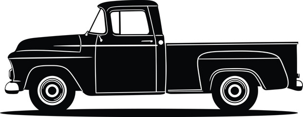 Classic American Pickup Truck Illustration in Black and White Silhouette Style Vintage Vehicle Design Isolated on White © Pvect02
