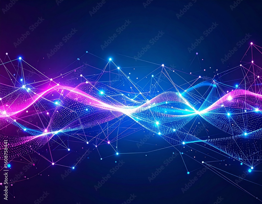 Poster complex glowing network of lines and points in blue and magenta | futuristic data visualization back