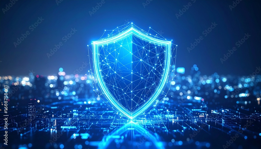 Poster 3d digital shield symbolizing security in a connected world