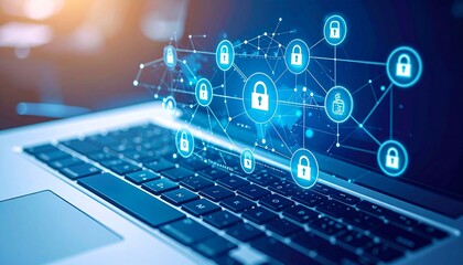 Naklejka premium Digital security system interface on a laptop keyboard displaying lock