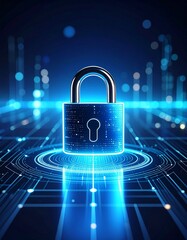 Futuristic digital padlock with glowing blue circuitry background
