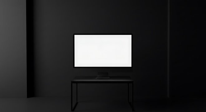 A blank white screen on a modern monitor sits atop a sleek black table against a dark, minimalist background.