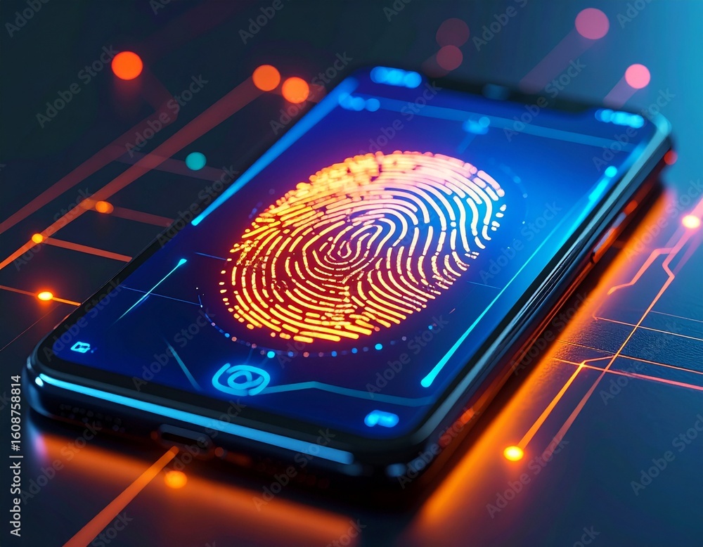 Aufkleber digital fingerprint scan on modern smartphone with neon elements