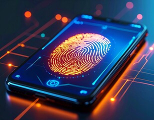 Digital fingerprint scan on modern smartphone with neon elements
