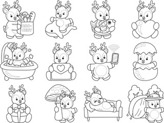 Cute Deer icon. Funny baby Deer animal series stock illustration. Life of fluffy Deer designs. Coloring pages of cute deer icon.
