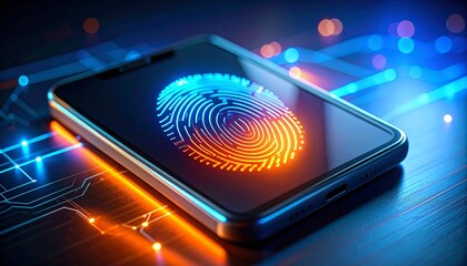 Close-up shot of smartphone with a vibrant fingerprint scanner interfa