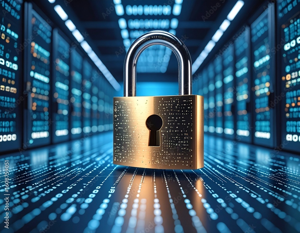 Poster close up of a digital padlock in a futuristic data center setting