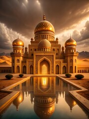 Majestic golden mosque reflecting in water under dramatic sky