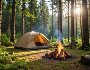 Cozy Forest Campsite with Tent and Campfire