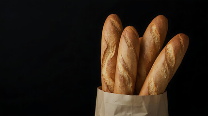 A minimalist and rustic food photography style features freshly baked French baguettes with a golden crust and visible scoring marks, partially wrapped in brown paper bag against a dark black backgrou