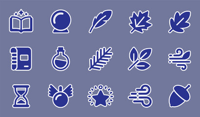 Open book crystal ball feather leaf notebook potion branch leaves wind hourglass winged orb star acorn