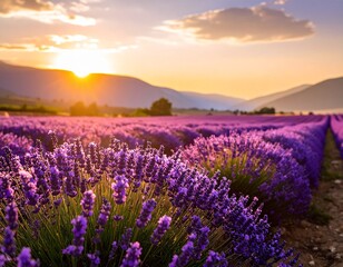 Naklejka premium Lavender Fields at Sunset in Full Bloom