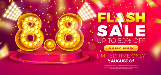 Flash Sale Shopping Day Banner Design with 3d 8.8 Light Bulb Billboard Number on Stage Podium and Typography Lettering on Red Falling Confetti Background. Vector 8 August Special Offer Illustration