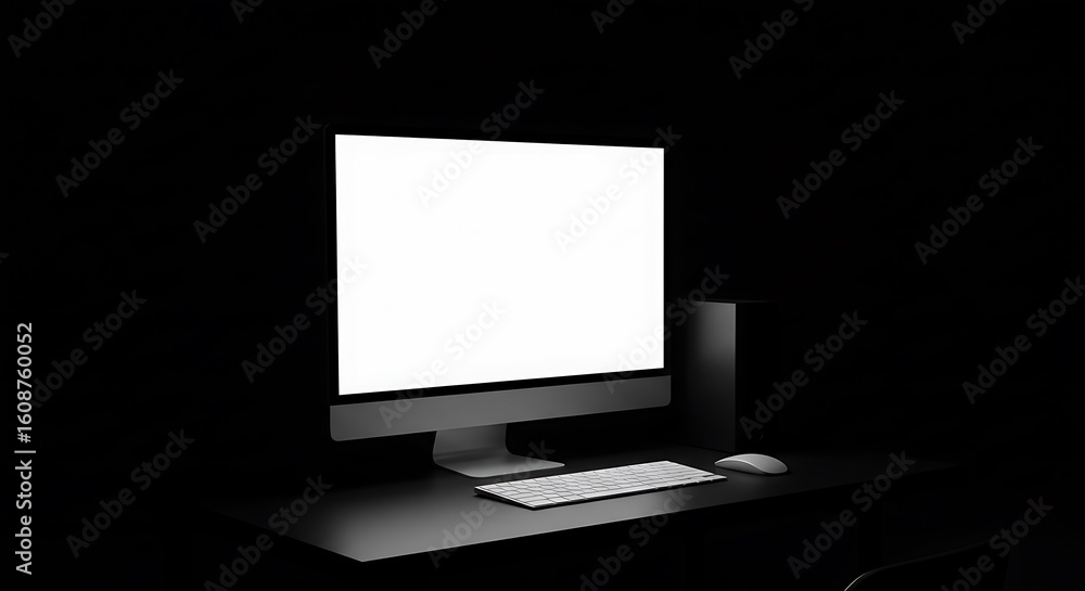 Poster a modern desktop computer setup with a blank white screen, keyboard, and mouse on a dark surface in 
