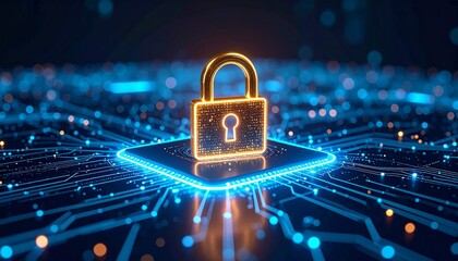 Digital security lock symbol glows amidst a circuit board background